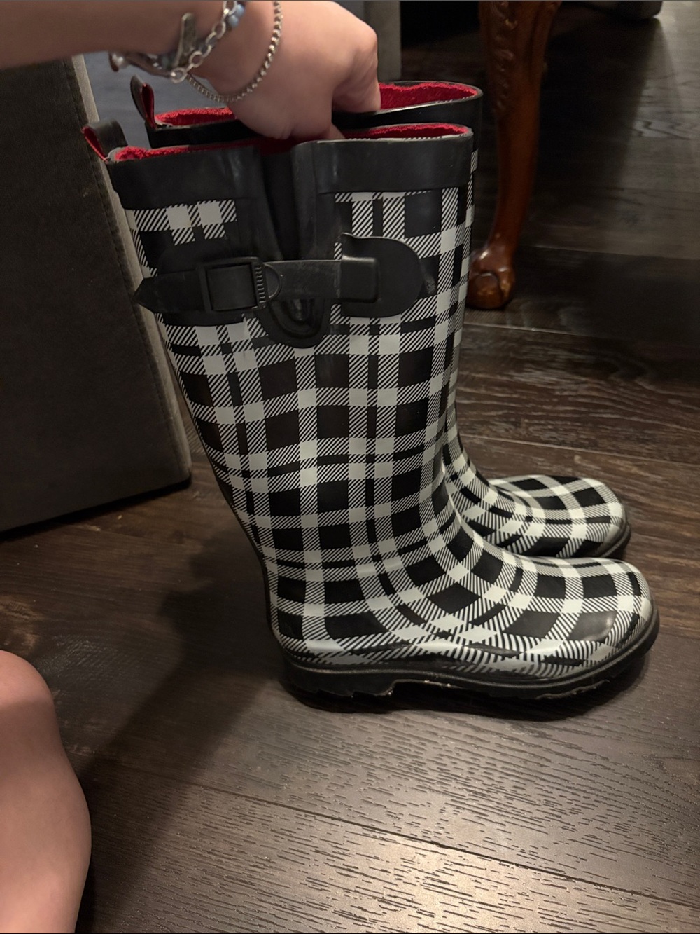 Capelli of New York Black and White Plaid Women's Rain Boots - Picture 3 of 3